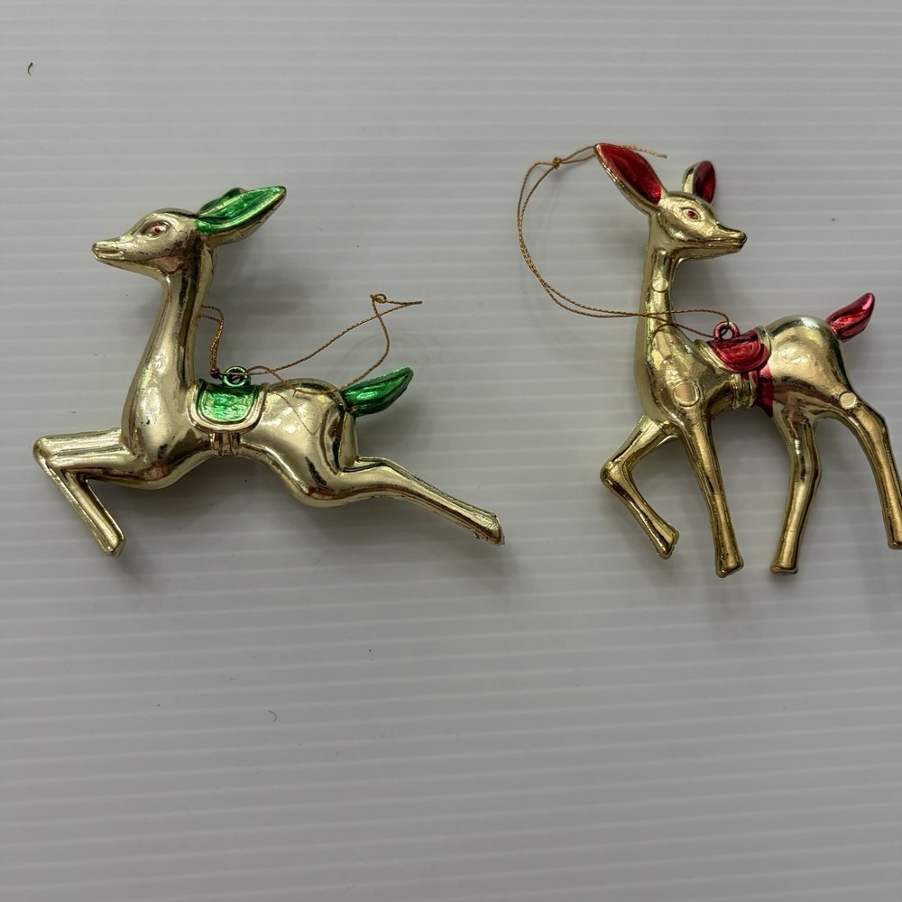 Lot Of 2 Vintage Gold Plastic Reindeer Christmas Ornaments Mid-Century Style